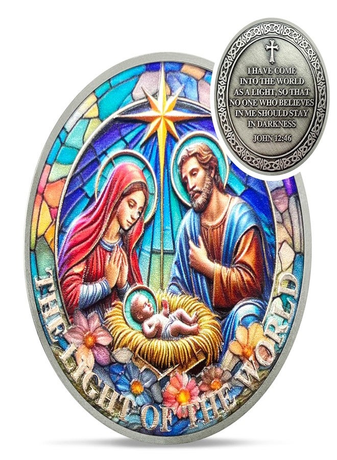 IELCJJ Colorful Nativity Christian Challenge Coin - John 12:46 Jesus Religious Token - Art God Pocket Bible Verses Coins for Study - Good Luck Commemorative Gifts for Men Women Kids Coworker - Image 1
